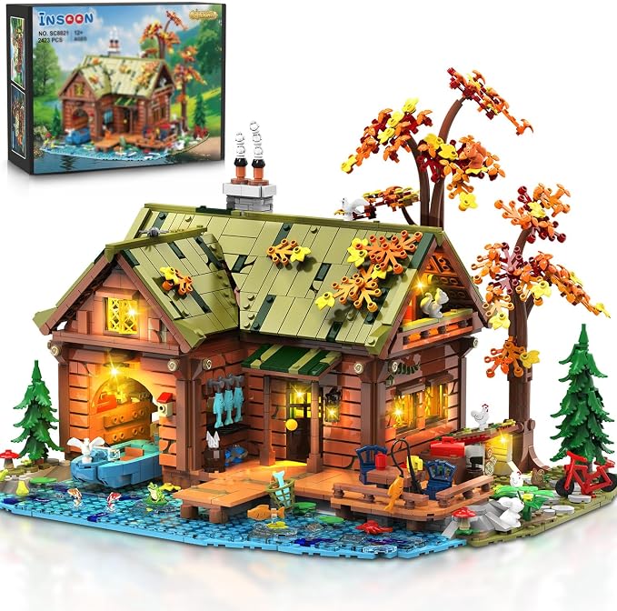INSOON Overwater Cabin Building Set with Lights for Adults,Forest House Kit | 2423 PCS Wooden Treehouse Building Block Toy with Botanical Boat Animals, Construction Model Gift for Teens Boys Girls 12+