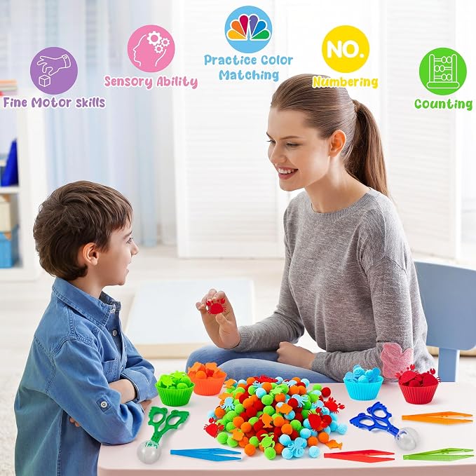 EZdhuawuse Summer Sea Animal Sensory Bin Fillers - 295Pcs Ocean Animal Fine Motor Toys Color Counting Sorting Set for Kids, Felt Octopus Crab Turtle Pom Poms Cup Clip for Preschool Education Training