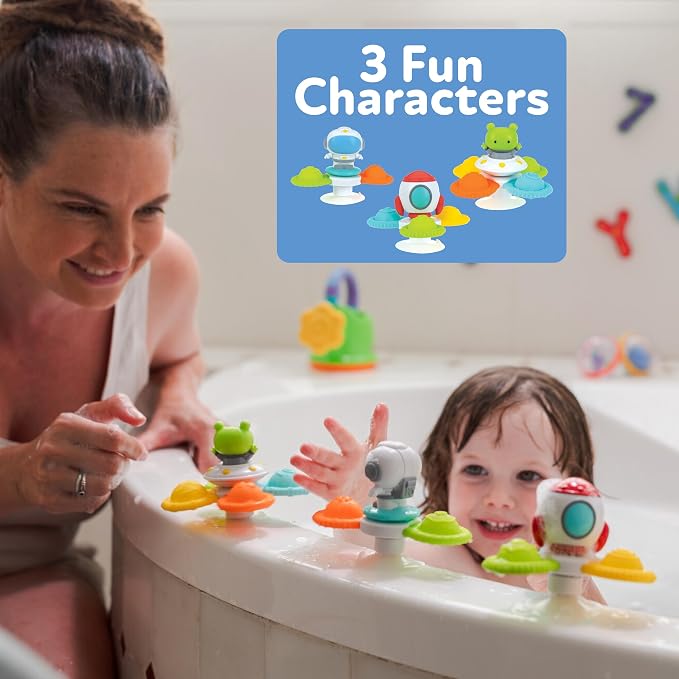 Nuby Suction Spinner Toys with Spinning Poppers – 3 Pack Baby Fidget Toys for High Chair & Bath, Space Theme, 12m+ | Spinning Poppers
