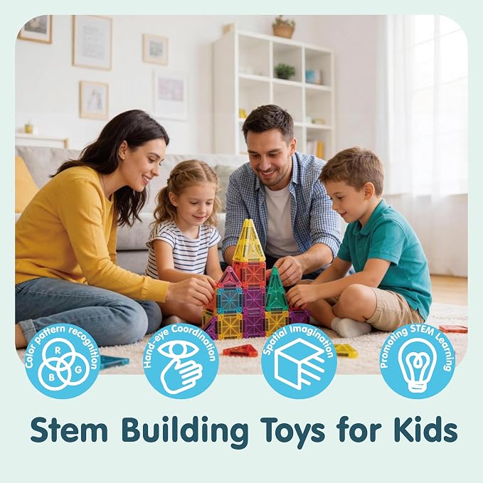 34 PCS Travel Magnetic Tiles with Metal Storage Box, Mini Magnetic Building Tiles,Screen-Free STEM Learning Toy for Kids Ages 3-8 Christmas Birthday Gifts