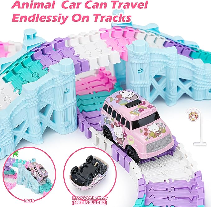 Coroiesty 215 PCS Unicorn Race Tracks for Kids Toys with 360° Loop Ramp | Glow in The Dark Magic Toy Set, 1 Unicorn Car Track, Flexible DIY Track Set, Birthday Gift for 3-9 Year Old Boys Girls