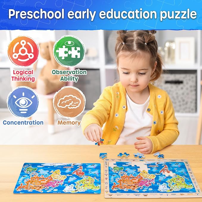SYNARRY Large USA World Solar System Wooden Puzzles for Kids Ages 4-6 | 60 Piece Match & Find Puzzles for Kids Ages 3-5, Puzzles for Kids Ages 6-8, Birthday Gifts, Educational Geography & STEM Toys