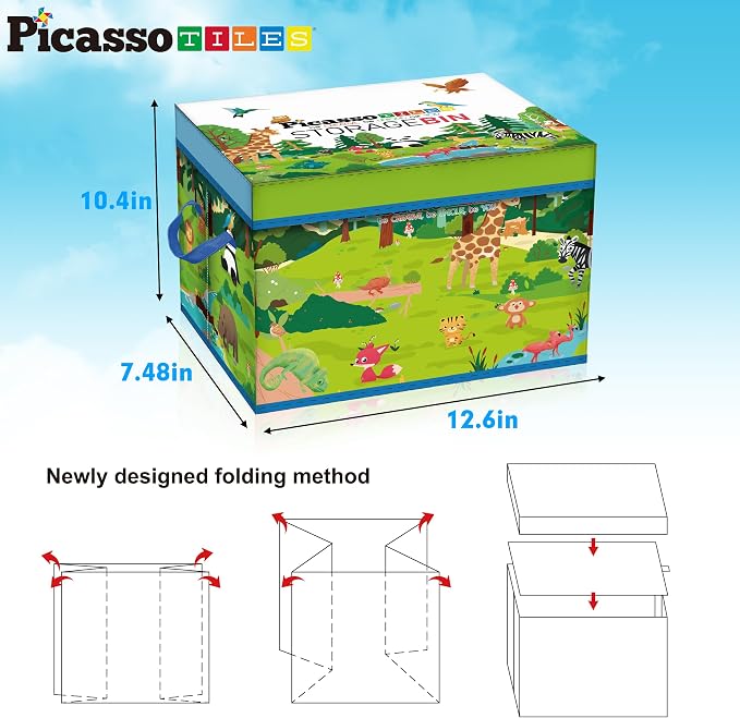 PicassoTiles Foldable Toy Storage Chest Box Forest Animal Theme Magnet Tile Organization Bin with Lid and Handles Magnetic Tiles Playroom Organizer STEM Early Educational Toys Boys Girls Ages 3+ PTA34
