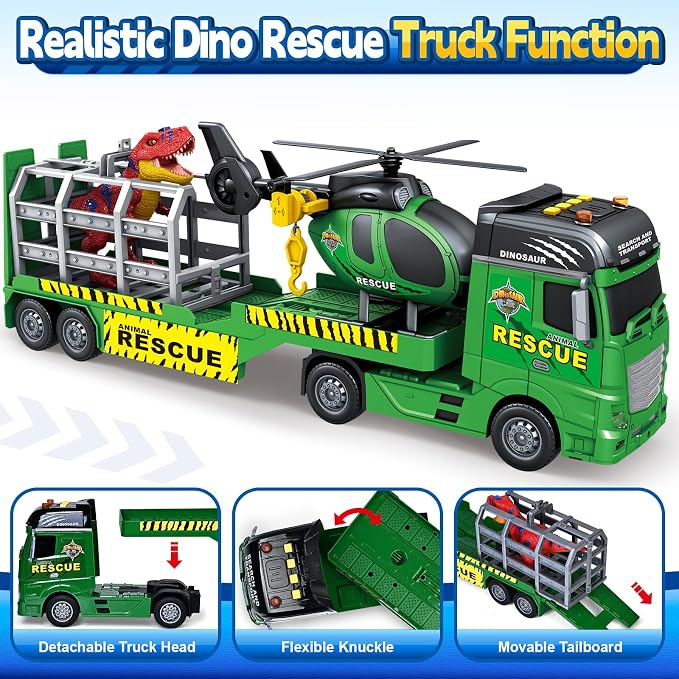 Bstoyder Toddler Boy Toys for 3 4 5 6 7 Years Kids, 23" Semi Flatbed Truck Toy with a Dinosaure Truck, Friction Powered Vehicles Toys with Lights and Sounds, Birthday for Boy Girls
