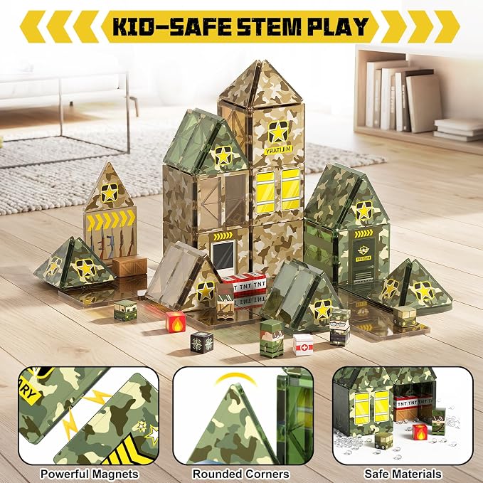 Bmag 109 PCS Military Magnetic Tiles Set, Army STEM Building Toys, Camo Printed Construction Blocks, Educational Play Gifts for Boys Girls Ages 3-12
