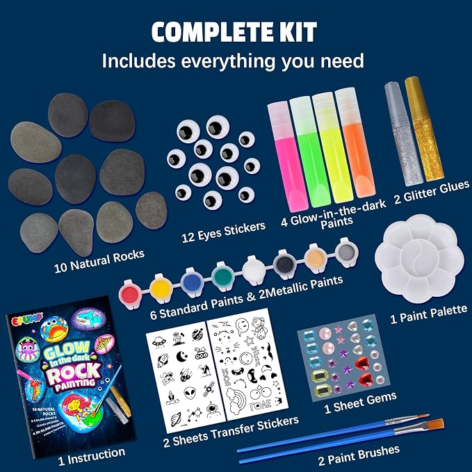 EPUMP Rock Painting Kit for Kids - Glow in The Dark Arts and Crafts Supplies Kits for Girls Boys - Kids Activities Creative Art Set Birthday Gifts DIY Paint Toys for Age 6 7 8 9 10 11 12 Years Old