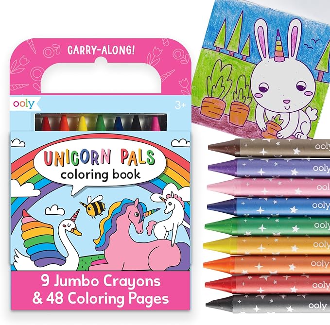 Ooly Kids Coloring Book 9 Jumbo Crayon Kit - Unicorn Pals | Ages 3+, Easy Grip, Handle Carry, Great for Car and Airplane Travel, Fun Gift