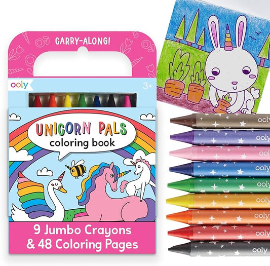 Ooly Kids Coloring Book 9 Jumbo Crayon Kit - Unicorn Pals | Ages 3+, Easy Grip, Handle Carry, Great for Car and Airplane Travel, Fun Gift