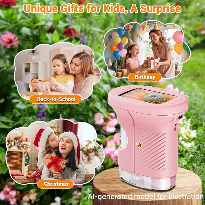 Pocket Kids Microscope, 1000X Handheld Microscope for Kids w/2.4'' Screen, Photo Video Mini Portable Microscopes Science Edu Digiscope, Christmas Birthday Gifts Ideas for Kids Ages 3-12