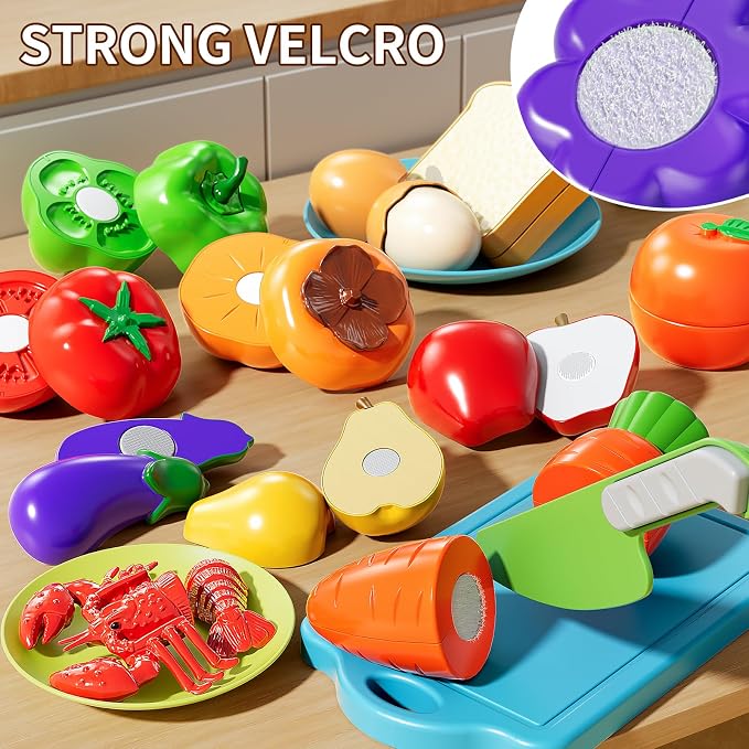 NIPLOOOW Play Food Set for Kids, Toddler Learning Toys, Cutting Food Toy Color Sorting Set, Pretend Food Play Kitchen Accessories for Kids, Birthday Gifts for 3-8 Years old Boys Girls Educational Toys