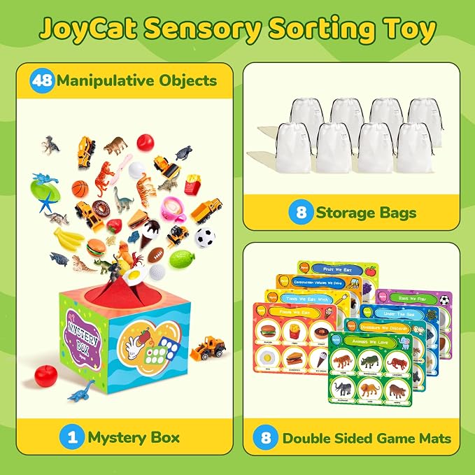 JoyCat Montessori Sensory Sorting Box with 48 Objects for Kids Ages 3-5 | Forty-eight themed objects support sorting, matching, naming and open-ended preschool play in one activity box