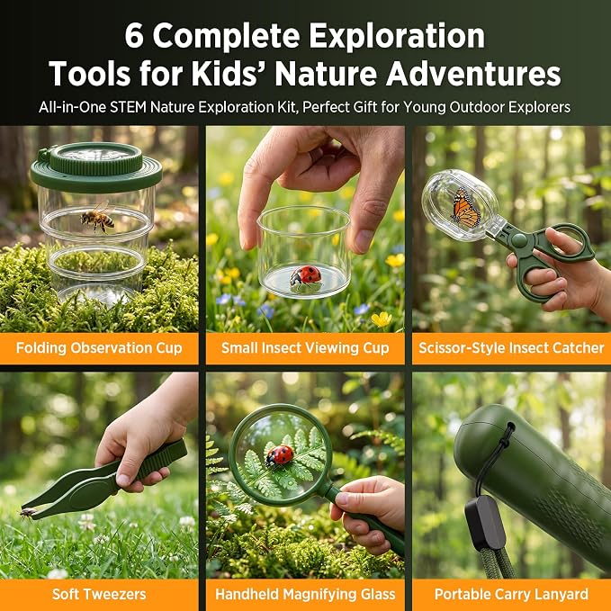 Kids Bug Catcher Microscope STEM Exploration Toy for Ages 3+ | 2.4" IPS screen, 500X Magnification, 8 LED lights, photo and video record, bug catching kit for kids 3‑12 outdoor STEM toy