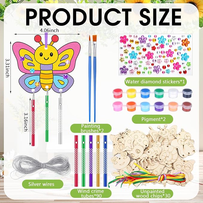 JellyArch 30 Pcs Wind Chime Craft Kit, DIY Wooden Insect with Paint | Paint Brushes Stickers, Kids Adults Summer Party, Ocean Beach Decor, Bulk Church Windows, Bee Ladybug Butterfly Designs