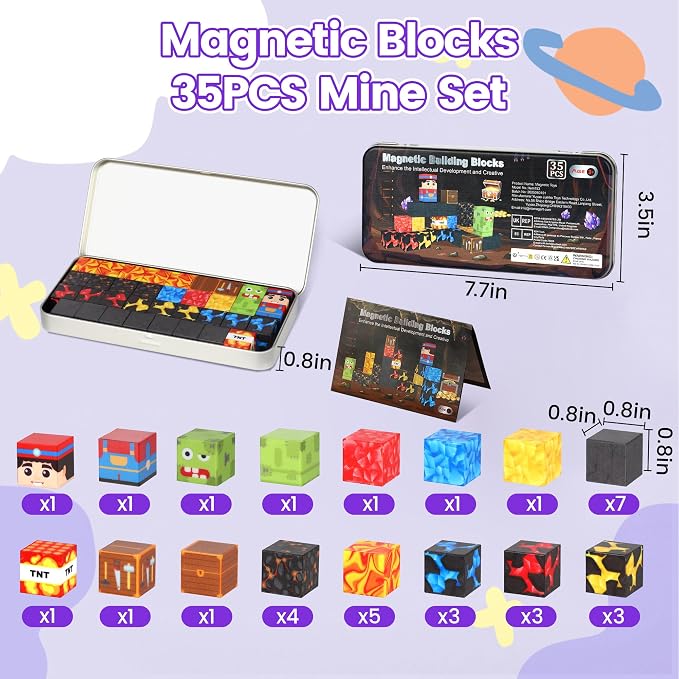 SYSKENI 35PCS Mini Magnetic Blocks Travel Set for Kids Ages 3-5 4-8 | Magnetic Blocks Travel Toys Portable Magnet Cubes STEM Learning Toys with Portable Iron Storage Box Christmas Birthday Gifts