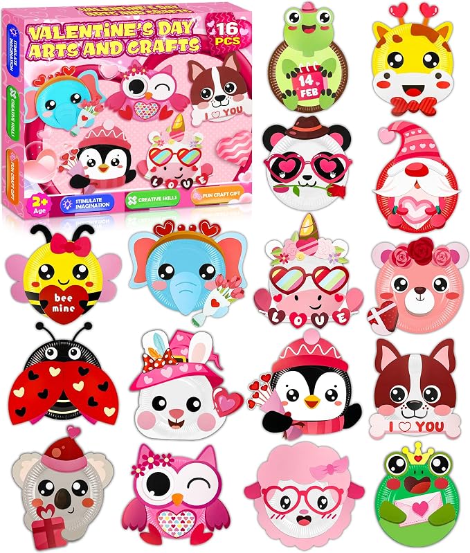 16 Pack Valentines Day Crafts for Kids, Toddler Crafts Paper Plate Art Kit Gift for 3 4 5 6 Year Old Boys Girls DIY Kids for Birthday Party Favor Preschool Classroom Party Games ﻿