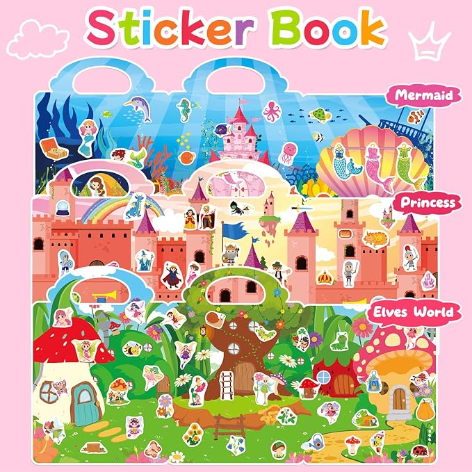3 Sets Reusable Sticker Book for Toddlers 3-6, Jelly Sticker Books for Toddler, Travel Sticker Activity Toys for Kids 3 4 5 6 Years Old Girls & Boys(Princess+Mermaid+Elves World)