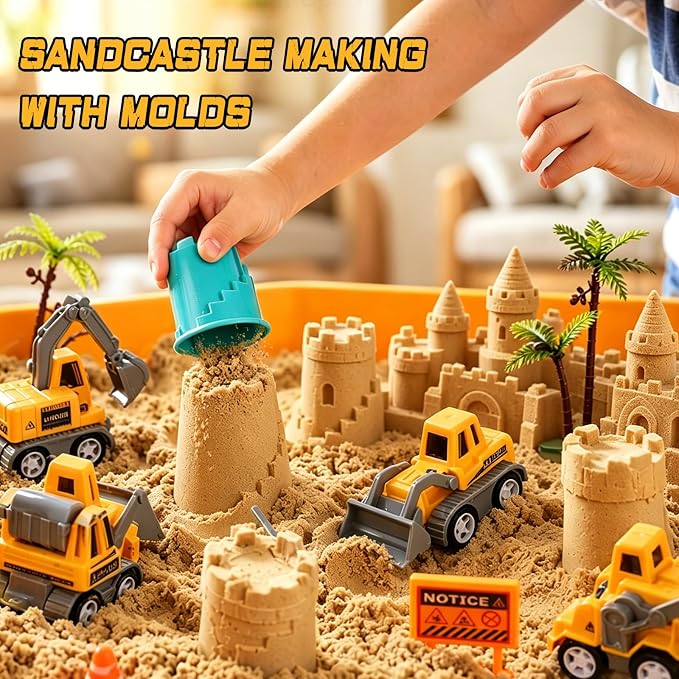 Construction Sensory Bin for Toddlers – Gifts for 3 Year Old Boys | Play Sand Building Kit Sandbox Playset with Lid Preschool Learning Activity Toys for Girls Ages 3‑5