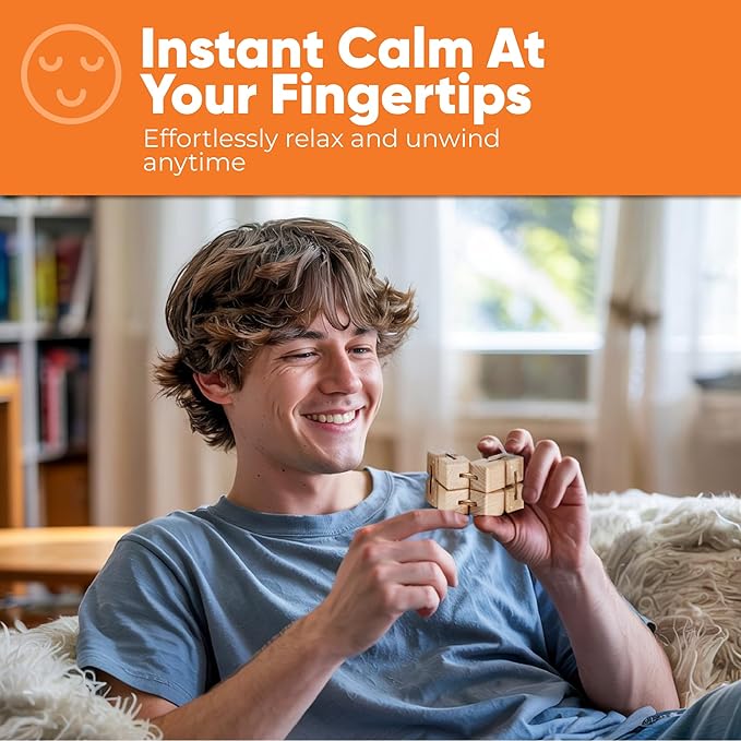 BunMo Wooden Fidget Cube – Beechwood Infinity Cube Fidget Toy, Larger One Pack – Smooth Folding Pocket Fidget, Natural Wood Sensory Cube for Desk or Travel
