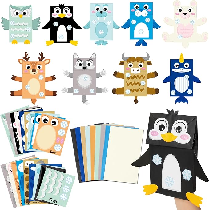 WATINC Hand Puppet Making Kit, Paper Sock Puppet Toys for Kids (Polar) | 9 Styles, Make Your Own Storytelling & Role Play Crafts, Creative Group Activity, Party Favors & Gifts for Kids Ages 4-8