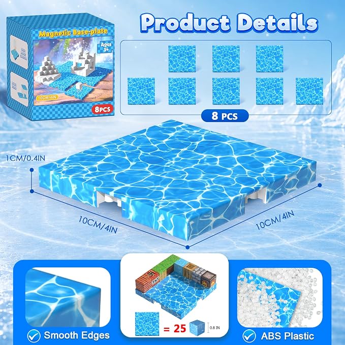 8PCS 4" x 4" Magnetic Building Block Base Plates for Kids, Strong Grip Magnetic blocks Base Compatible with Most Popular Magnetic Blocks & Cubes, STEM Educational Toys for Boys Girls Ages 3+ (Water）