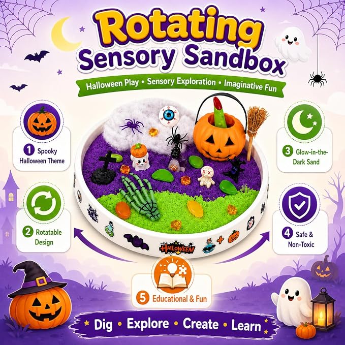 Halloween Sensory Bin Rotating Sandbox with Glow Sand Kit for Kids | Sensory Play Set with Glow-in-the-Dark Sand and Halloween Figures, gift for for boys and girls ages 3-8