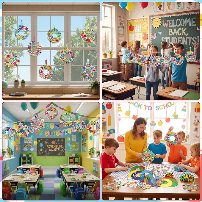 Hollowfly 48 Sets Back to School Crafts Kits, DIY Wreath with Stickers | School Themed Hanging Decor for Kids Classroom, Foam Stickers Included, First Day Party Favors Make Your Own Activities