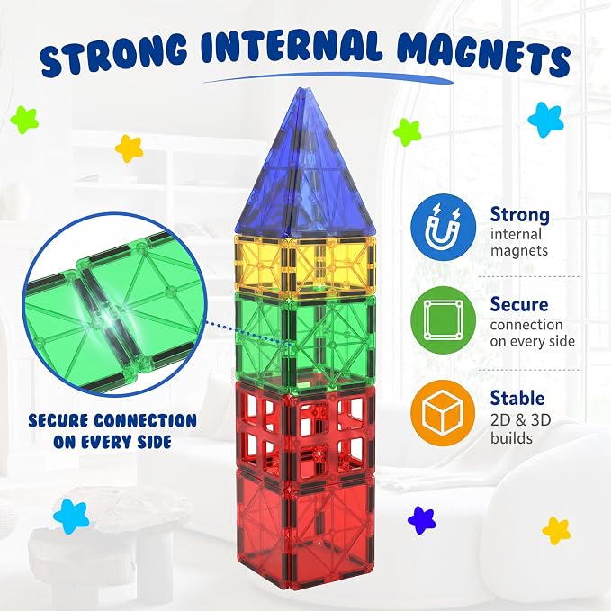 Magnetic Tiles Building Blocks Toy - STEM Educational Magnetic Blocks for Kids, Creativity Preschool Learning Sensory Montessori Toddler Magnetic Toys for Boys & Girls 3+ Years Old - 47PC
