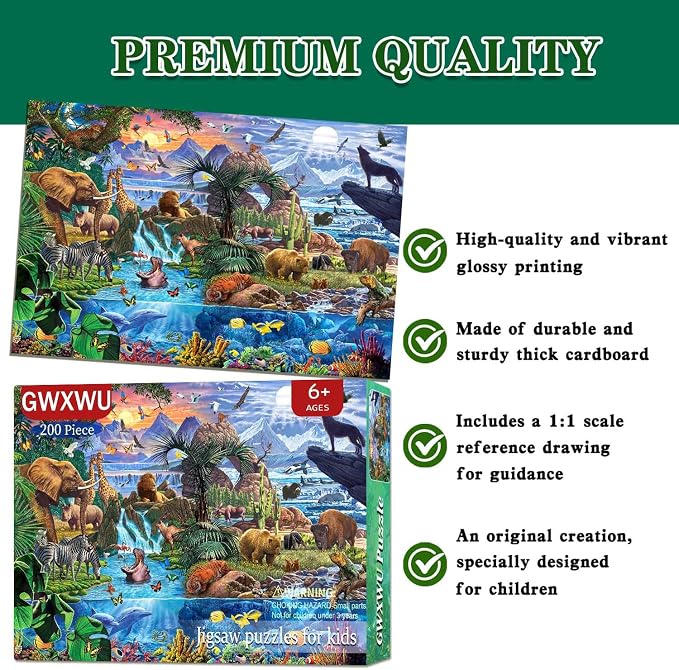 Puzzles for Kids Ages 6-8 & 8-10, 200 Piece World Wildlife Jigsaw Puzzle | Educational Learning Toy Jigsaw Puzzles for Kids Ages 10-12, Great Birthday & Holiday Gift for Boys and Girls, Home Decor