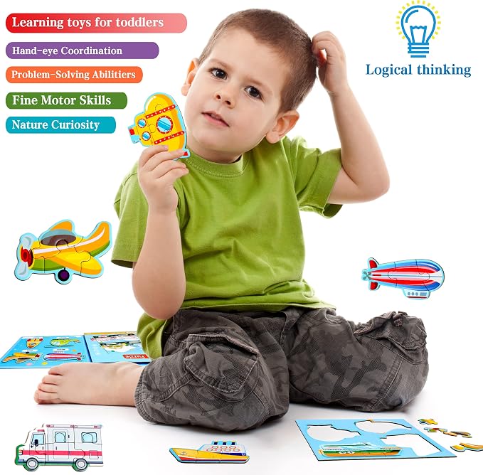 Magnetic Puzzles for Kids Ages 3-5, Travel Toddler Car Puzzle Toy | Refrigerator Magnet Game for Ages 4-6, Learning & Birthday Gift for Boys, Car Airplane Road Trip Quiet-Time Activity Toys