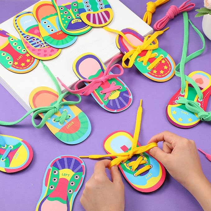 Capoda 9 Sets Back to School Lacing Cards Shoes Educational Threading Toy for Classroom Wooden Lacing Card Toys with Colorful Threads for Develop Imagination Early Education and Learning Activity