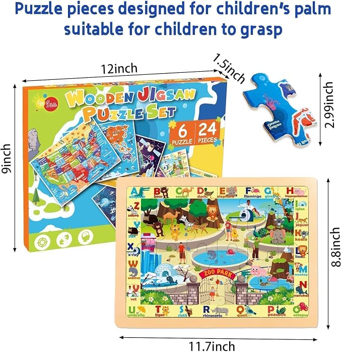 Wooden Puzzles for Toddlers 3-5,6 in 1 Jigsaw Wooden Solar System Puzzles for Ages 4-6,Preschool Educational Brain Toys Birthday Gifts for Boys and Girls 2 4 3 5 Year Old（World Map）