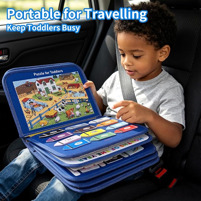 Toddler Busy Board, Montessori Busy Book, Quiet Educational Activity Book | 12-Page Learning Sensory Toys for Car Airplane, Toddlers Travel Toy for Motor Skills, Birthday Gifts for Boy Girl Kids (Blue)