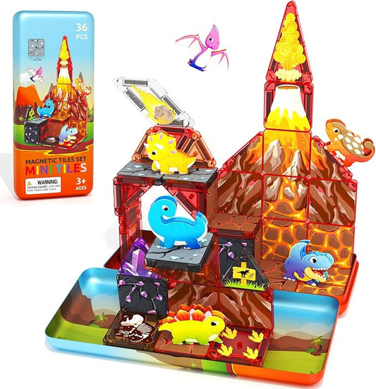 36PCS Mini Magnetic Tiles Dinosaur Kids Toys with Case - Toddler Travel Essentials Outdoor Set, Magnetic Blocks Montessori Preschool Sensory Building Toys for 3 4 5 Year Old Boys