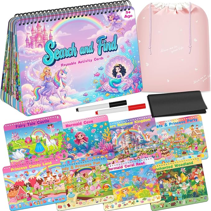 Elfew Search and Find Reusable Activity Book for Girls 3-5, 4-8 | 24 Unique Themed, With 2 Markers, Wipe Cloth & Storage Pouch, Quiet Travel Toy Gift for Toddler Kids 3-8