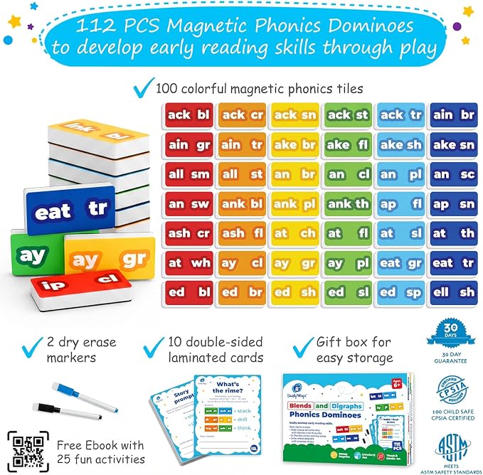 112 PCS Magnetic Phonics Dominoes, Magnetic Phonics Tiles — Simply Magic | Blend and Digraph Games for Classroom & Homeschool, Reading Manipulatives for Kids 6-7-8 years, Phonics Games, Word Building