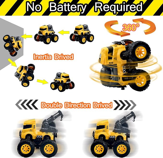 4 Pcs Construction Monster Truck Toys, Monster Trucks Friction Powered Car | Excavator, Mixer, Crane, Dump Trucks Toy, Push & Go 360° Roating Cars for Toddlers Kids Xmas Birthday Gifts for 3+ Boys Girls