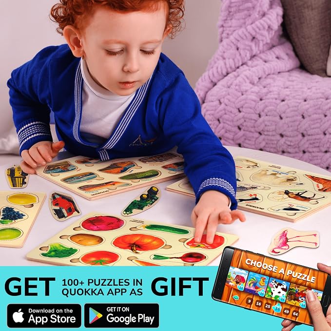 Wooden Puzzles for Toddlers 1-3 - 3 Montessori Kids Puzzles Ages 2-4 | Educational Realistic Wood Toddlers Puzzles ages 3-5 — Learning Fruits, Cars and Vegetables for Boy and Girl