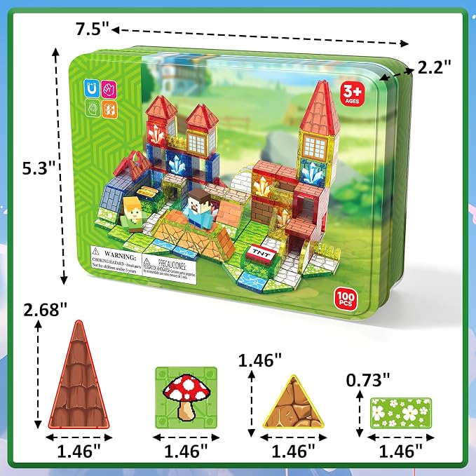 JIMI Mini Magnetic Tiles, 100pcs Magnetic Blocks Travel Set for Kids Age 3+ | Mini Magnetic Tiles with Metal Box for Boys Girls 4-8, Birthday Party Supplies Gift, STEM Building Toys Outdoor Indoor