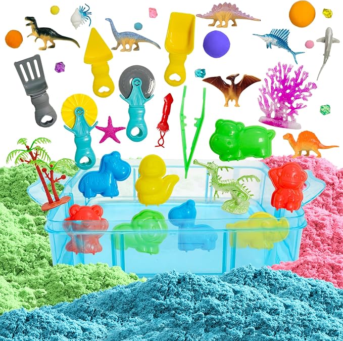 AGENTLAN Dino & Ocean Sensory Sensory Bin with Play Sand | Sensory toy set with dinosaur & ocean figures, supports fine motor skills, for toddlers ages 3+, stackable sandbox play