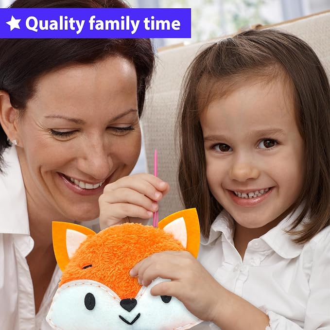 KRAFUN Fox Sewing Kit for Kids Ages 8-12 - No Scissors No Glue | Pre-cut & pre-punched felt. Child-safe needle included. Sew your own plush fox. Beginner craft gift for girls & boys