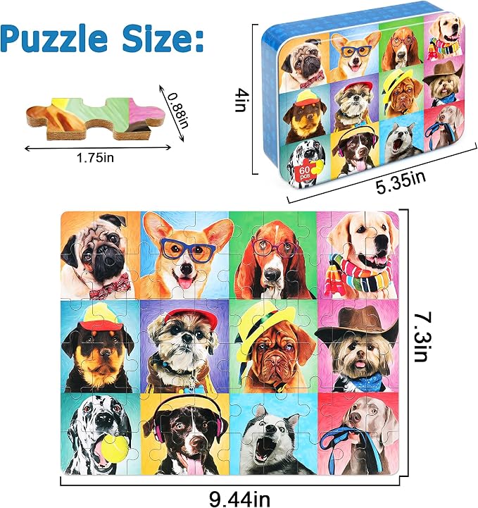 LELEMON Puzzles for Kids Ages 4-6,Dog 60 Piece Puzzles for Kids Ages 4-8 | Children Jigsaw Puzzles Kids Puzzles in a Metal Box,Educational Learning Puzzle Toys for Girls and Boys