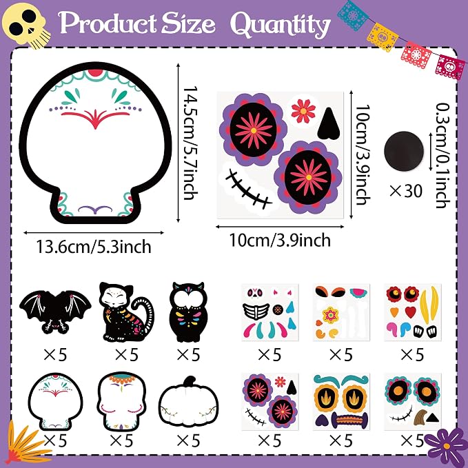 Haooryx Day of The Dead Sugar Skull DIY Magnet Stickers Paper Craft Kit | 30 Set Make Your Own Dia de Los Muertos Art Craft, Halloween Mexican Festival Party Gift, Bulletin Board Refrigerator Decor