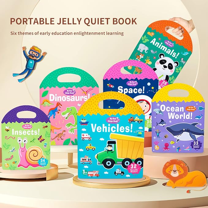 Jelly Reusable Sticker Books, Portable Travel Toys Sticker Activity Book for Kids 3+ Year Old Girls Boys, Animal Insect Sea Ocean Space
