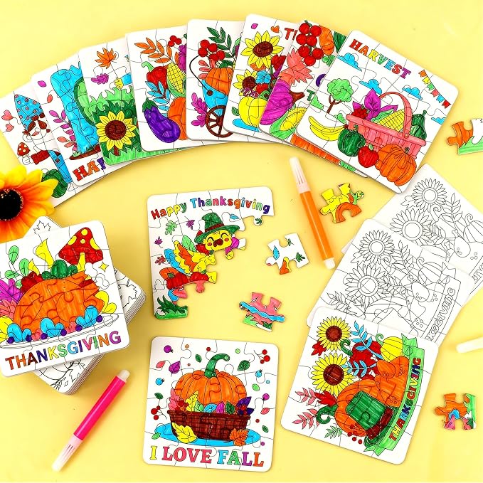 Thanksgiving Fall Crafts for kids, Autumn Art Activity DIY Blank Puzzle Toy | 24 Set Thanksgiving Craft Pumpkin Turkey, Fall Classroom Gift for Toddler Adult Party Favors Coloring Game Supplies Bulk