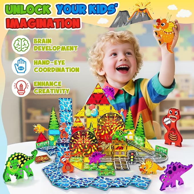 Magnetic Tiles with 4 Dinosaur Toys - Dino Magnet Tiles for Kids, Magnetic Building Blocks for Boys Girls Ages 3+, Sensory Toddler Creative Games Birthdays Gifts