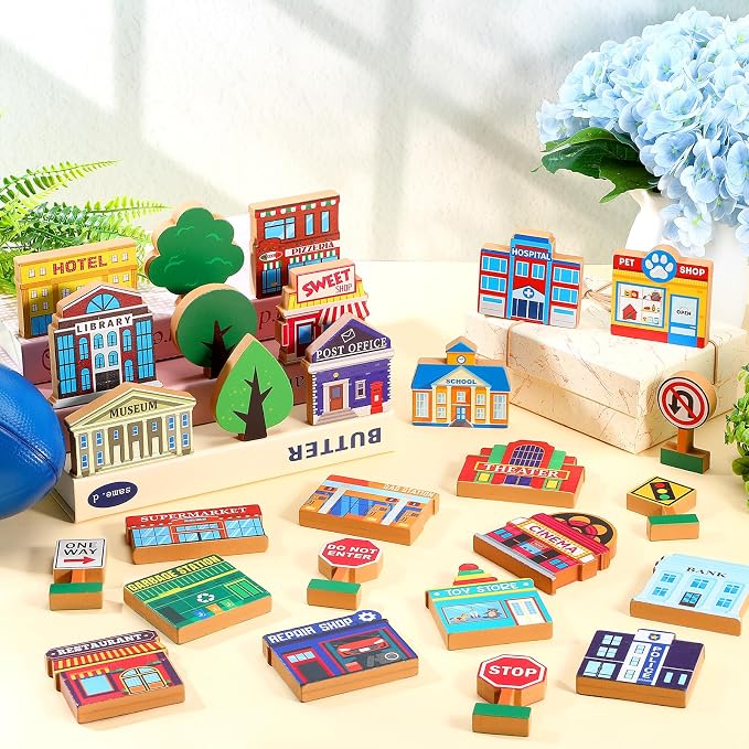 Blosssound 35 Pcs Wooden Town Building Play Toys for Kids City Street Traffic Signs Multicultural Community Block Train Track Accessories Preschool Classroom Educational Supplies Birthday Gifts