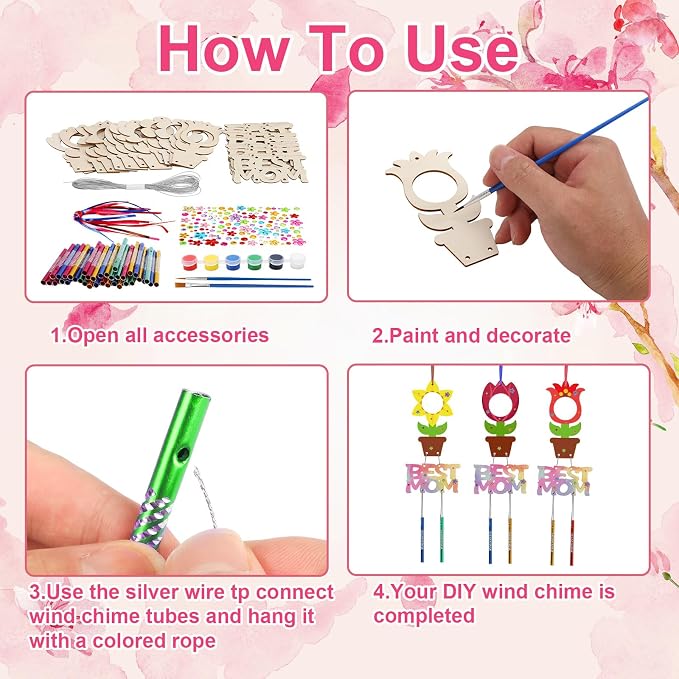 Fennoral 12 Pack Flower MOM Wind Chime Kit for Kids Make You Own Mother's Day Craft Kit DIY Coloring Wooden Art and Craft for Mom's Birthday Decoration Mother's Day Gifts from Daughter Son
