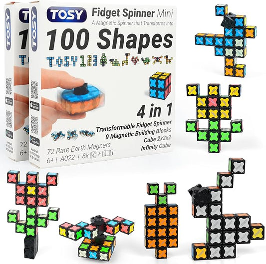 TOSY Magnet Fidget Spinner Mini - 8 Blocks, 3 in 1 Toy: Transformable Fidget Spinner, Infinity Cube, 2x2 Puzzle Cube, Stress Relief, STEM Magnet Tiles Birthday Gift for Kids/Boys/Girls/Adults, 2-Pack