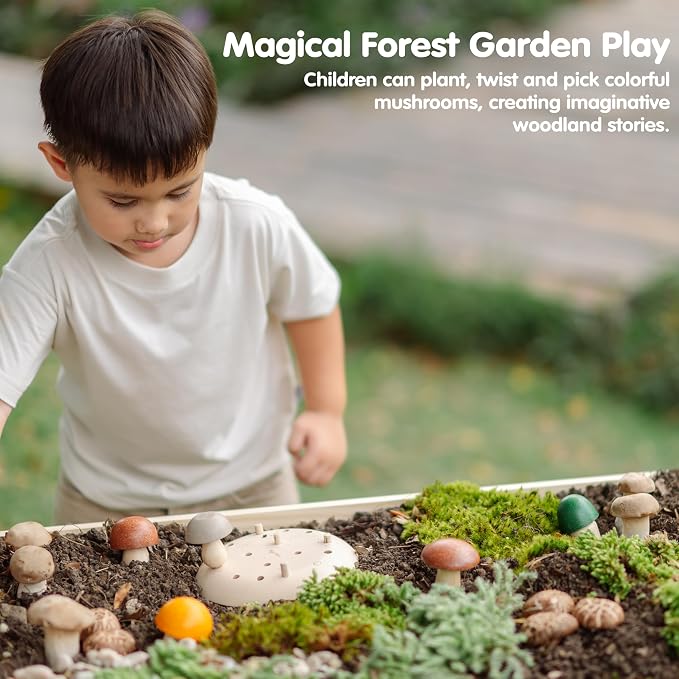 PlanToys® Wooden Play & Pick Mushrooms Toy Kids Garden Learning Playset | wooden mushroom play pick set, montessori imaginative sensory, fine motor coordination, color sorting, garden pretend, kids