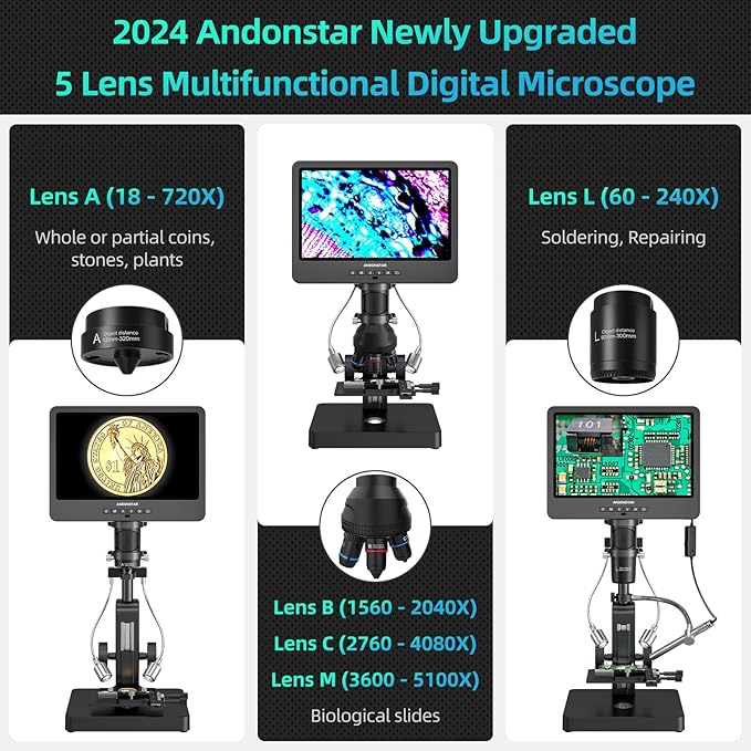 Andonstar AD269S 20X-5000X HDMI Digital Microscope, 5 Lens 2160P UHD Video | 10.1'' LCD IPS Screen, Metal Biological Stand, X-Y Moveable Stage, Endoscope, Home Lab Microscope Kit with Slides, 32GB Card